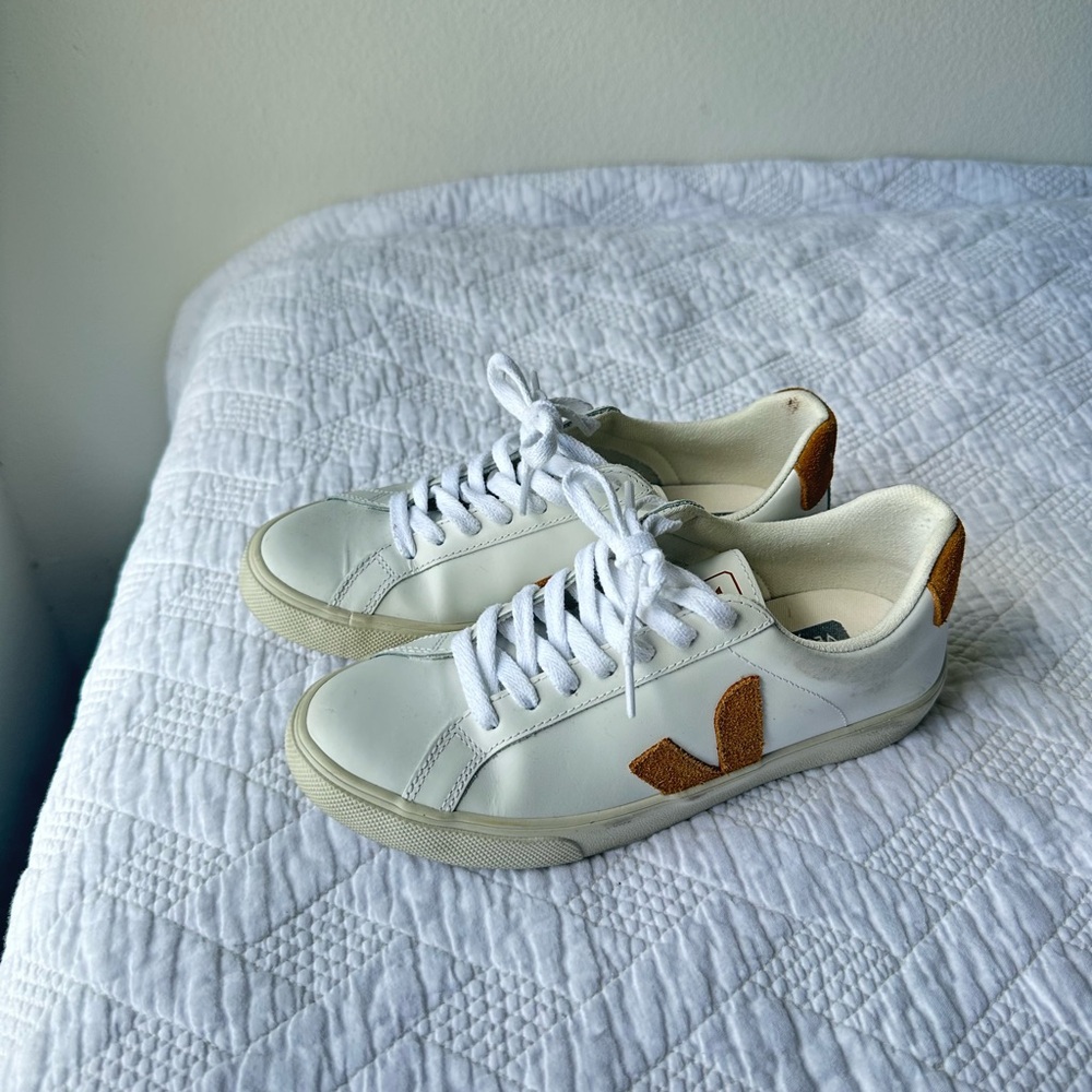 Veja White Sneakers with Tan Suede V Logo
